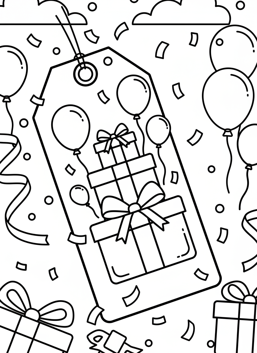 A rectangular gift tag illustrated with a stack of wrapped presents with bows, balloons, and confetti around the edges