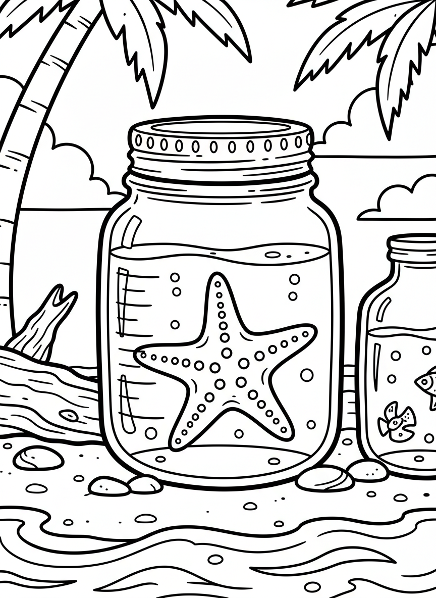 A clear observation jar with air holes in the lid, containing a small starfish and water, with measurement markings on the side.