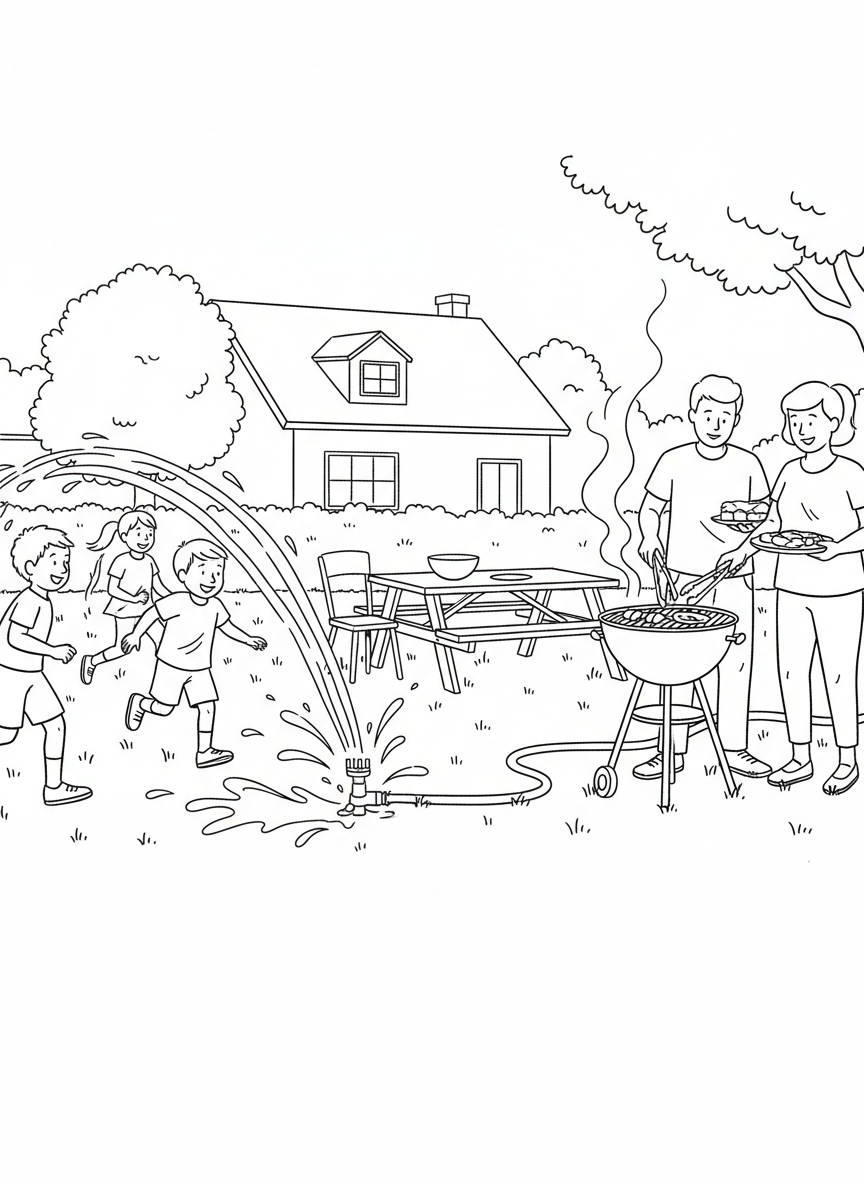 Kids running through a sprinkler in the backyard while adults prepare food at a grill in the distance.