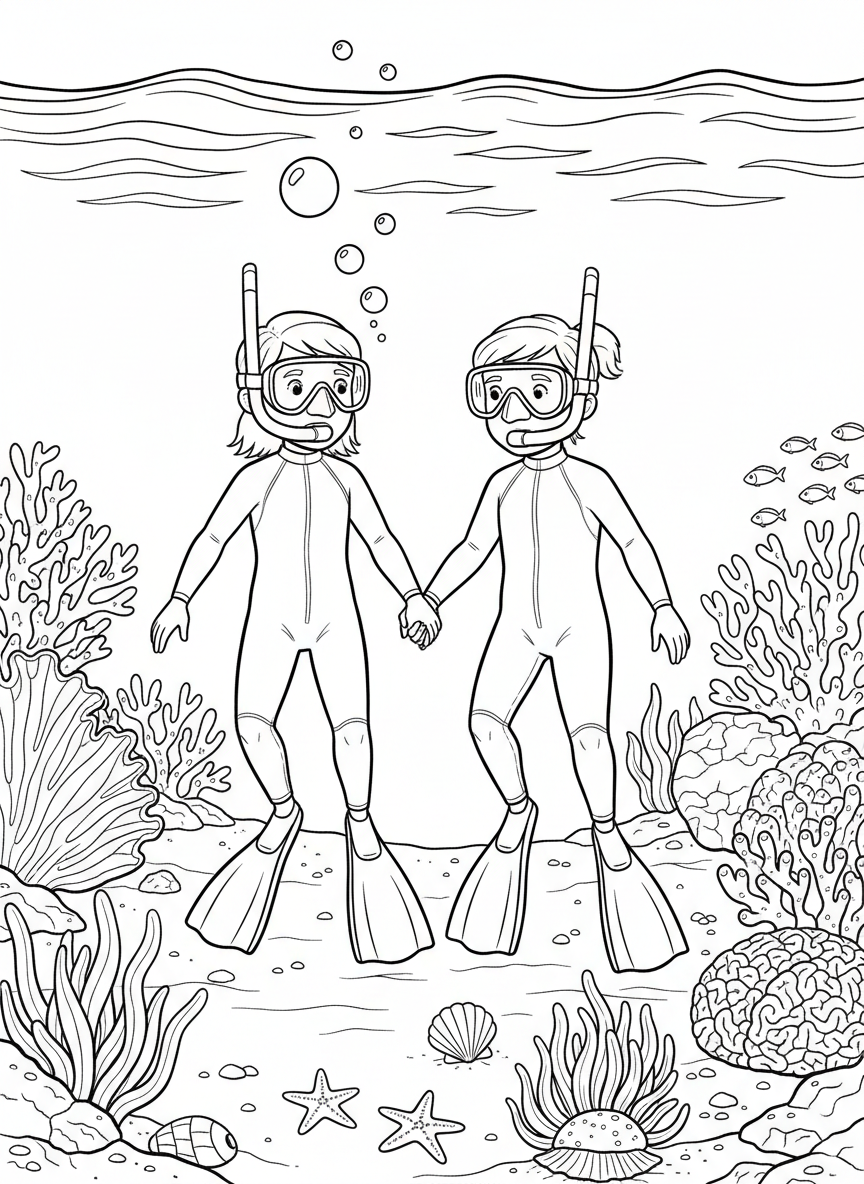 Two kids in snorkel gear holding hands while exploring a shallow reef with starfish and sea shells on the sandy bottom