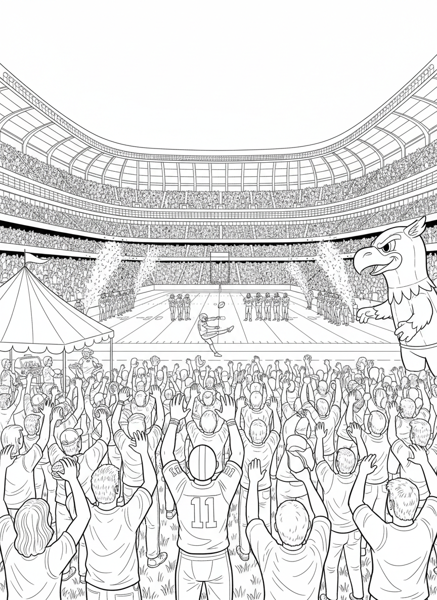 NFL Kickoff coloring page prompts capturing the start of football season, anticipation, tailgates, and opening-week excitement.	A packed professional football stadium buzzing with excitement as fans arrive for the opening kickoff of the season.