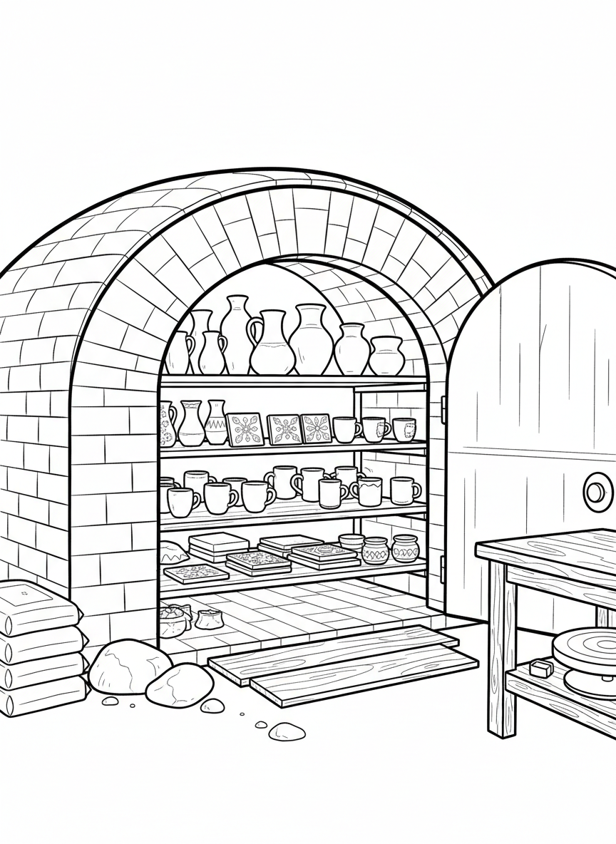 A kiln with its door open, showing shelves of unfired pottery pieces including vases, cups, and decorative tiles inside.