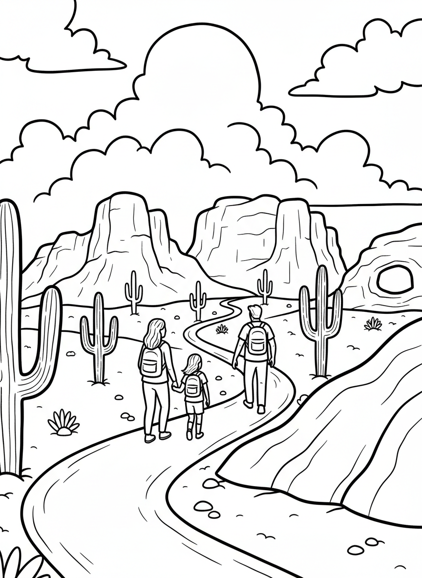 Papago Park's red buttes with a family hiking trail, saguaros dotting the hillside, and puffy clouds above