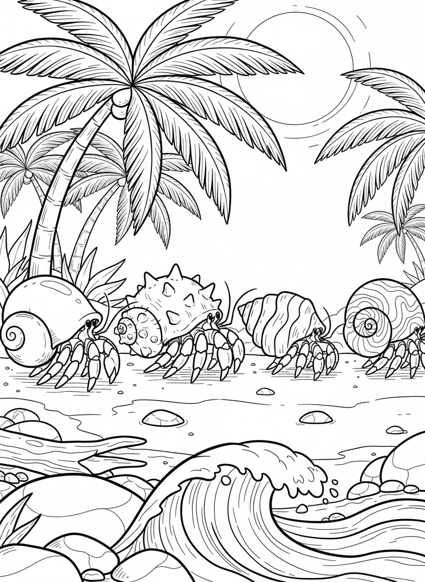 Hermit crab parade with four crabs in a line, each wearing differently shaped shells from smooth to bumpy.