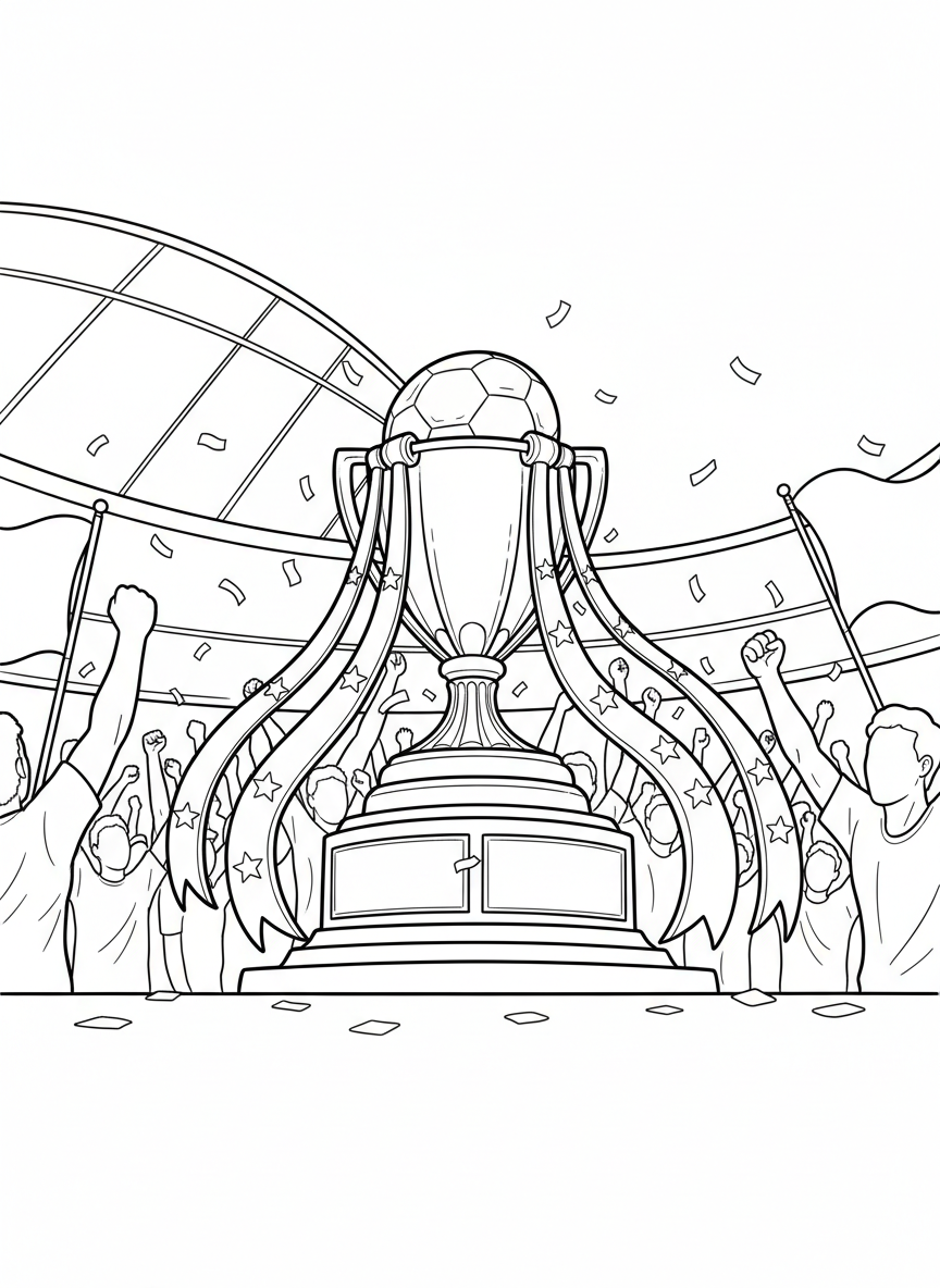 A football trophy on a pedestal with ribbons and stars around it, championship celebration theme