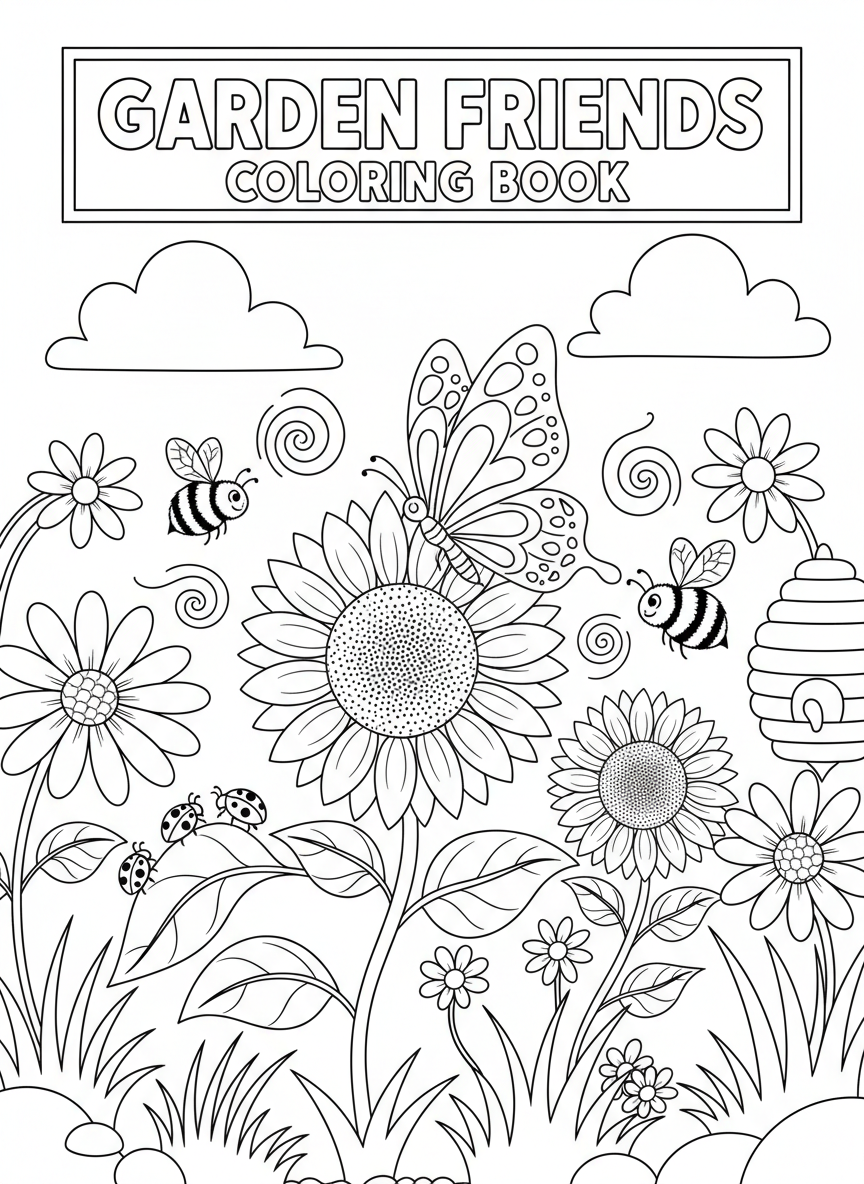 Garden friends coloring book cover, full-color illustration with butterflies, bees, ladybugs, and sunflowers in a sunny meadow. Title-safe area at top.