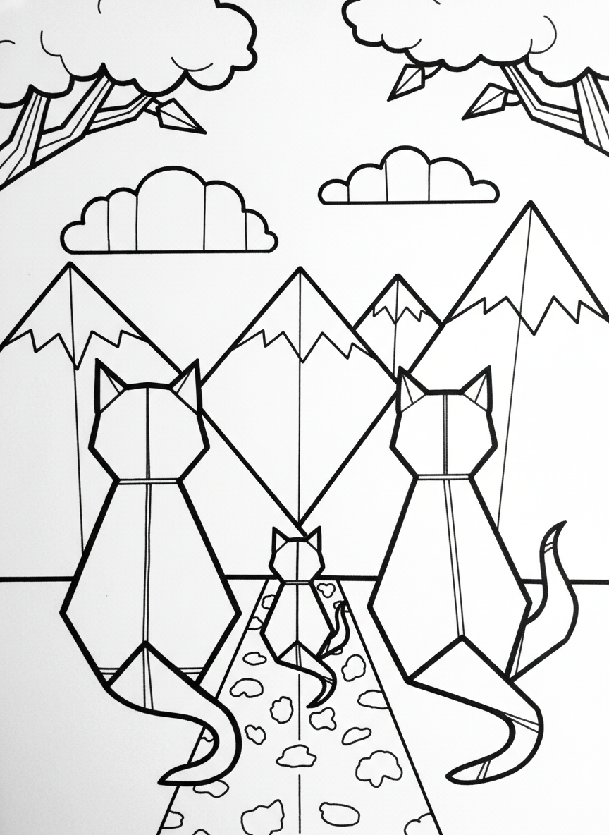 A family of three origami cats in different sizes, parent cats with a kitten, all sitting in a row with distinct folded features