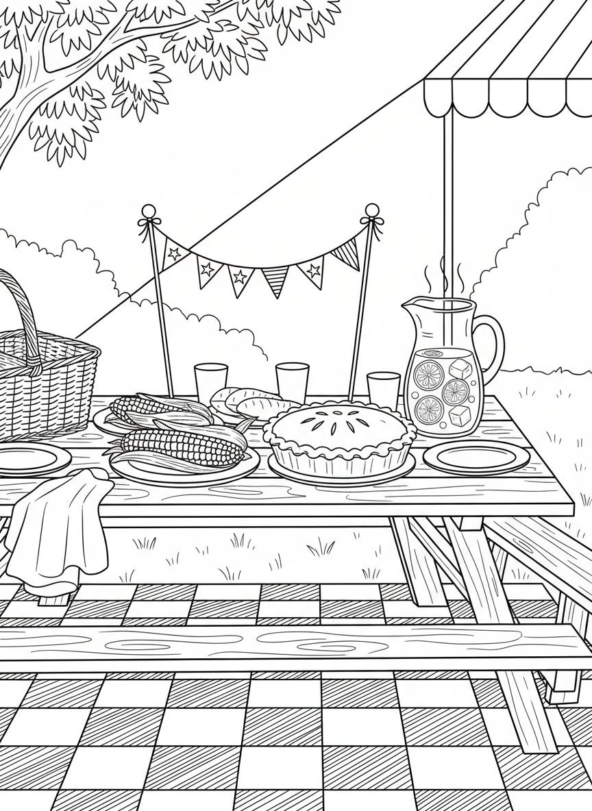 Festive picnic table spread with corn on the cob, apple pie, lemonade pitcher, and small decorative flags as centerpieces