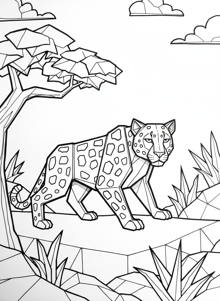 An origami leopard in a crouching position, with angular spots made from geometric shapes and pointed paper ears.