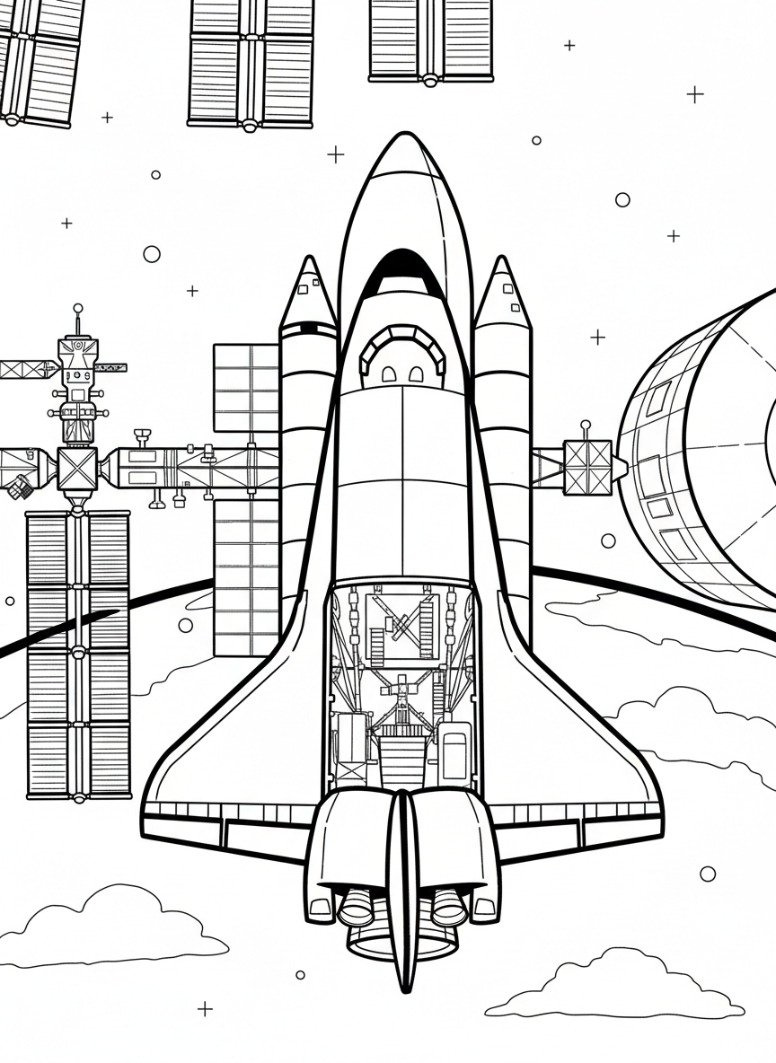 A space shuttle with its cargo bay doors open, floating near the International Space Station, detailed technical drawing.