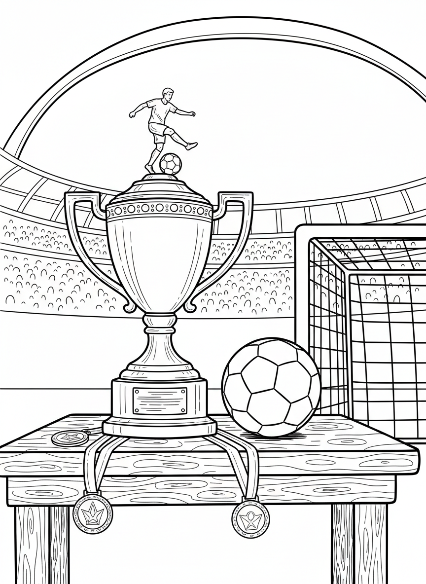 A trophy and medals on a table with a soccer ball, representing team achievement and awards