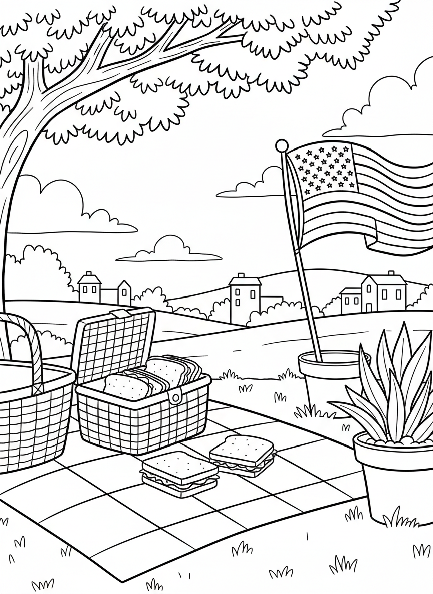 A patriotic scene with American flags in planters surrounding a picnic blanket with a basket and sandwiches.