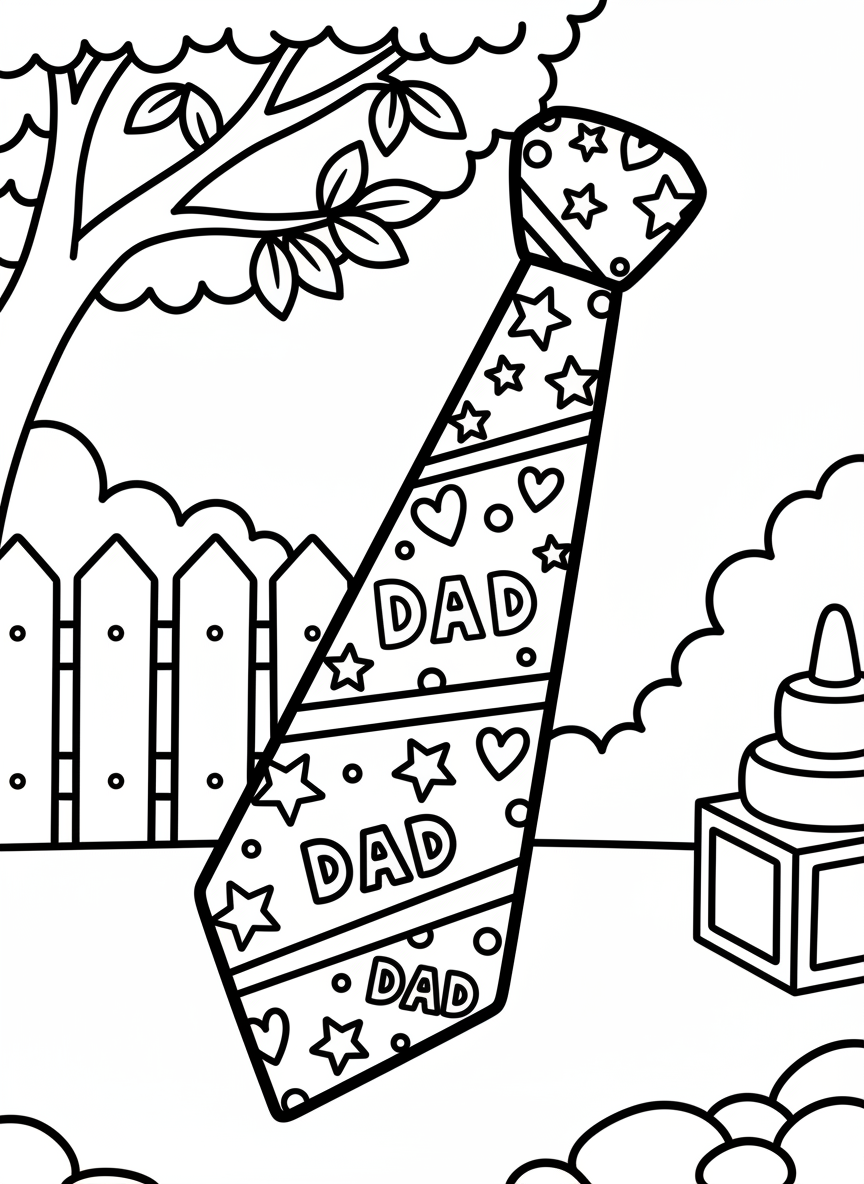 A necktie decorated with fun patterns like stars, hearts, and the word 'DAD' repeated along its length