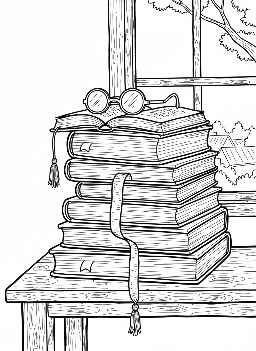 A stack of five large books piled high with a pair of reading glasses resting on top and a bookmark ribbon hanging down.
