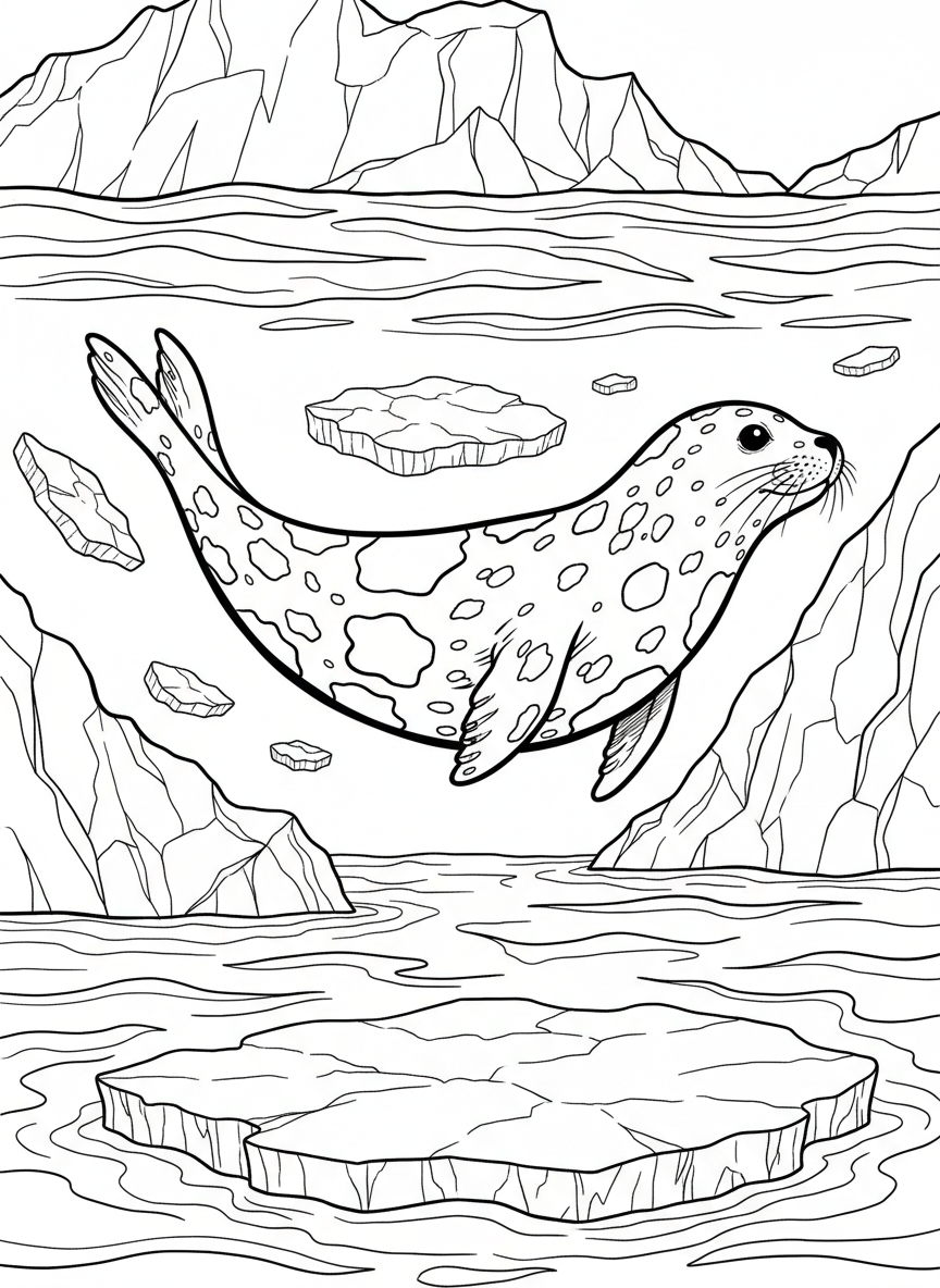 A leopard seal swimming gracefully through Antarctic waters with ice chunks floating above, showing its spotted pattern.