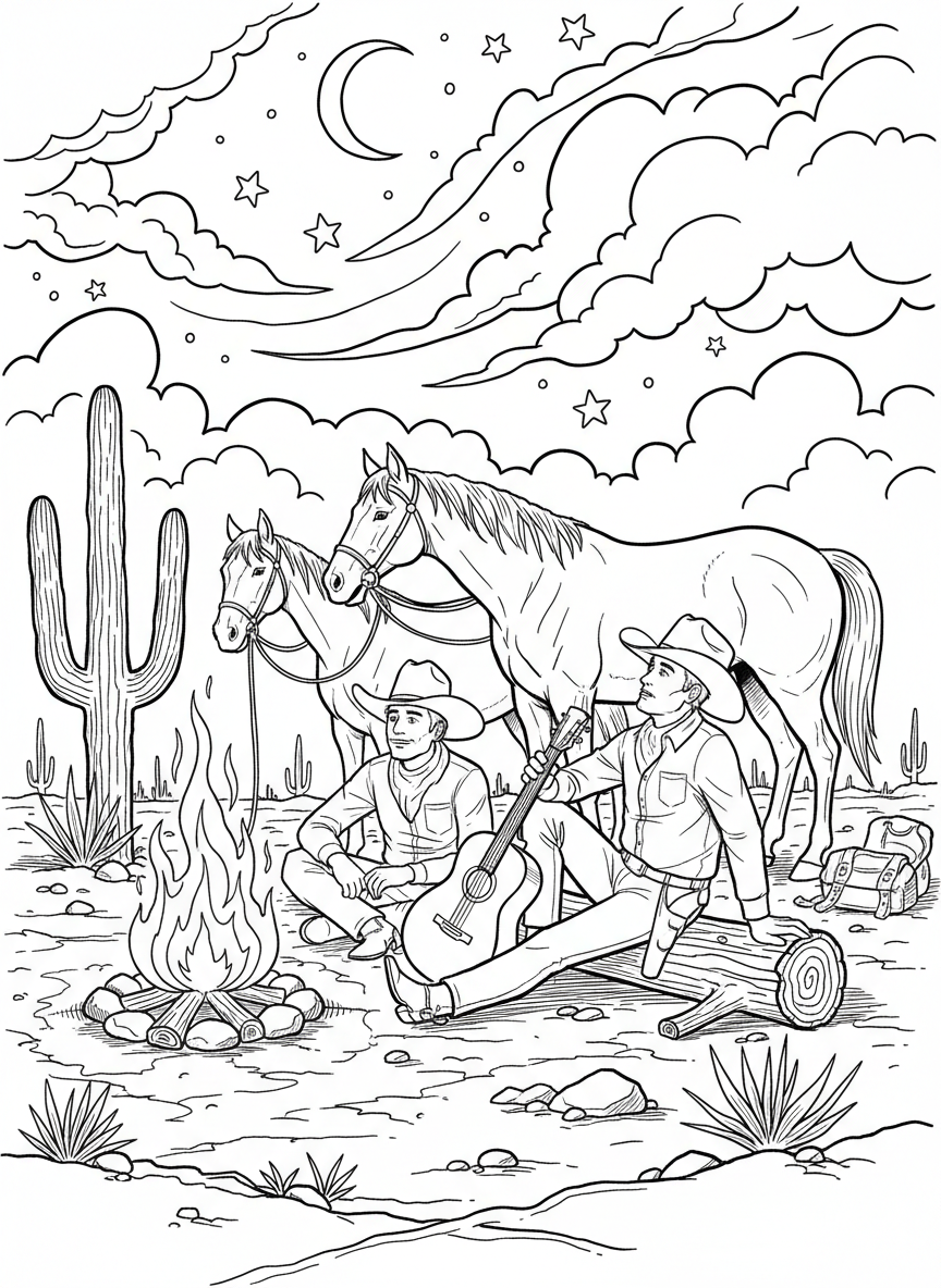 Two cowboys sitting around a campfire under the stars, with their horses tied nearby and a guitar leaning against a log.