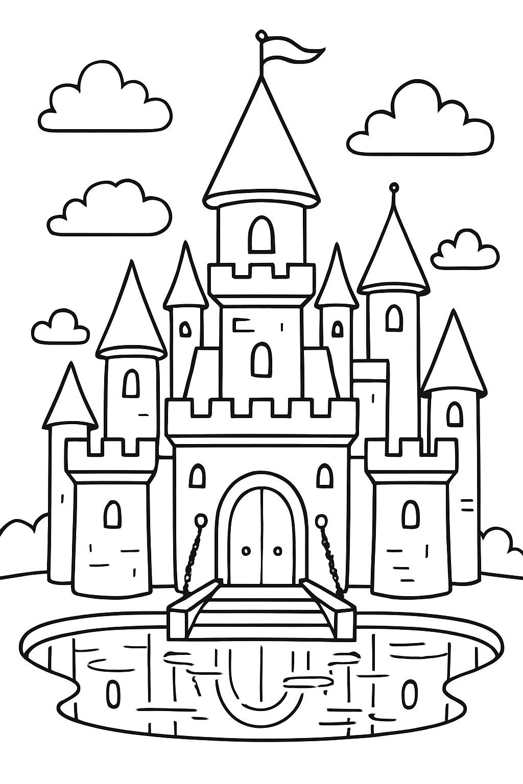 An enchanted castle with a drawbridge, moat reflecting towers