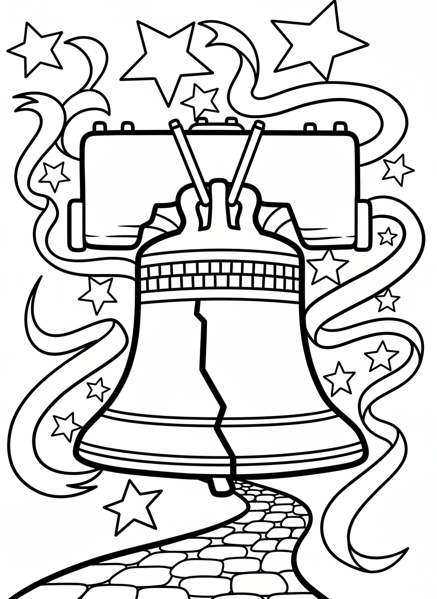 Simple Liberty Bell with a large crack, surrounded by stars and ribbons, perfect for young children to color