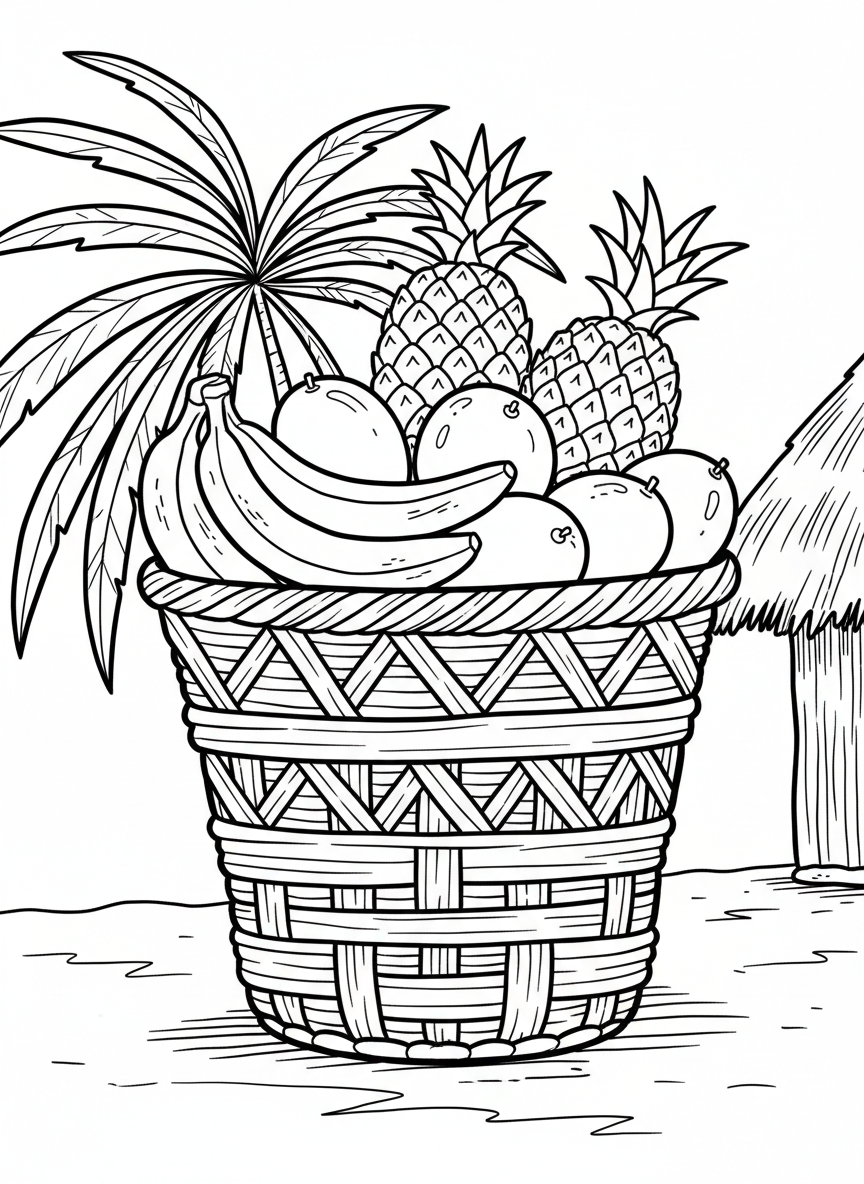 A basket woven with traditional patterns, filled with colorful fruits like bananas, pineapples, and mangoes, celebrating the harvest.