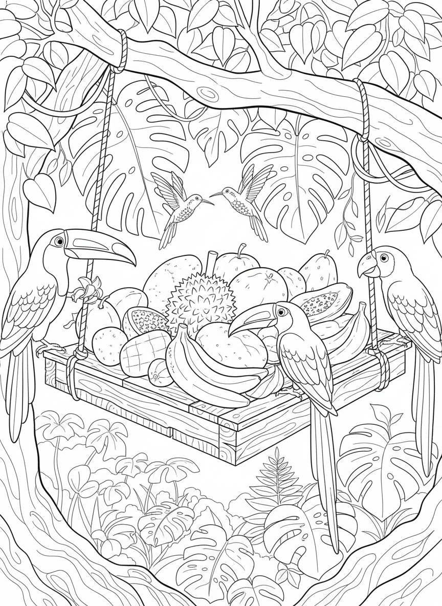 A rainforest bird feeding station with multiple exotic birds gathering around tropical fruits on a wooden platform.