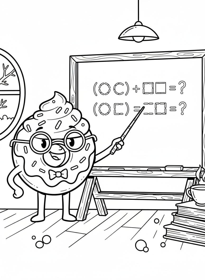A donut teacher at a chalkboard pointing to sprinkle math problems, wearing glasses and holding a pointer stick