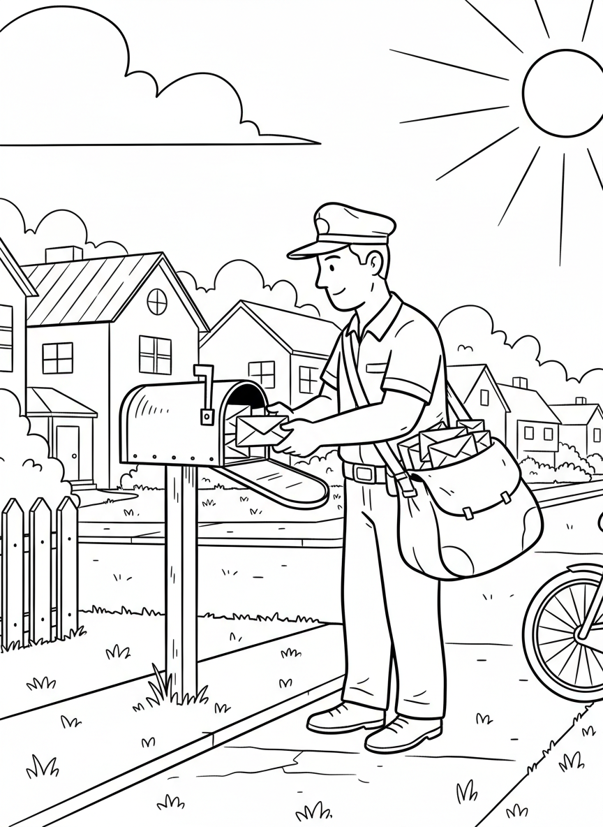 A mail carrier delivering letters to a mailbox on a sunny neighborhood street, carrying a full mail bag.