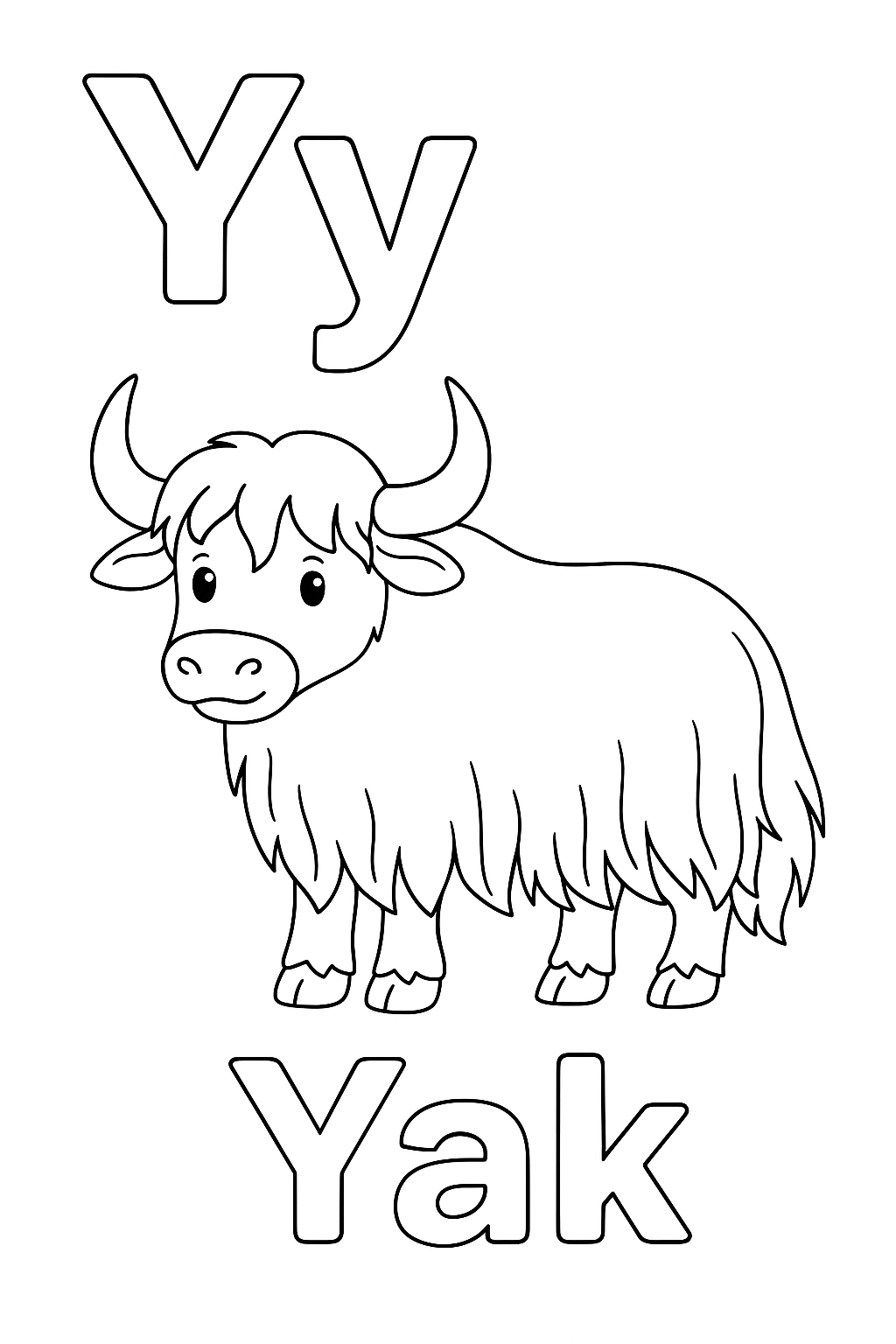 The uppercase letter “Y” next to the lowercase letter “y”. With a yak image under the letters. Write out the object “Yak”.