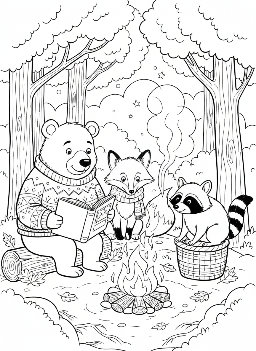 A group of animal friends including a bear, fox, and raccoon sitting together around a campfire, sharing a storybook.