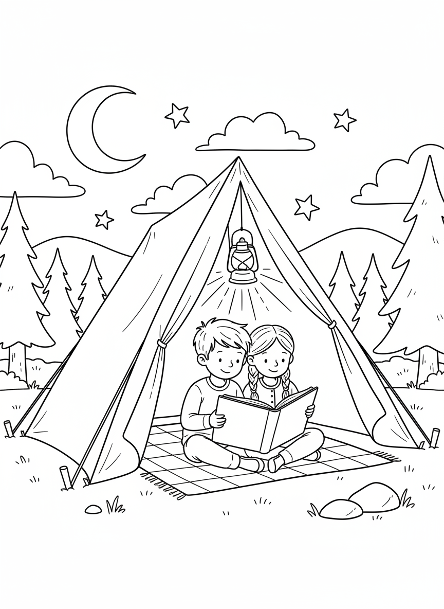 Two children inside a tent reading a book together by lantern light, visible through the open tent flap.