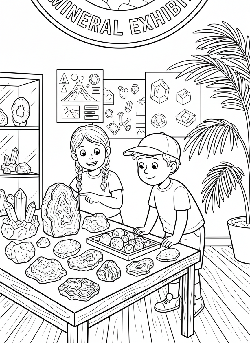 Two children at a rock and mineral show, looking at display tables filled with colorful specimens and educational posters.