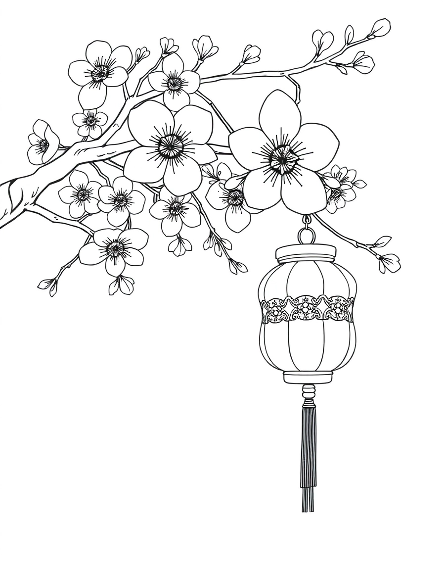 Cherry Blossoms: A branch of blooming plum or cherry blossoms with a lantern hanging from it, symbolizing spring's arrival.