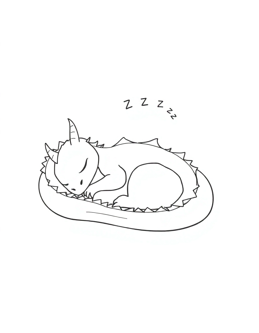 Nap Time: A large, sleepy dragon curled up cozily for a nap, using its own long tail as a pillow. A faint puff of smoke shaped like "Zzz" is coming from its nose.