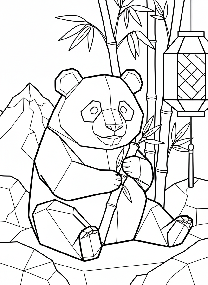 An origami panda bear made of angular paper shapes, sitting down and holding a bamboo stick with folded paws