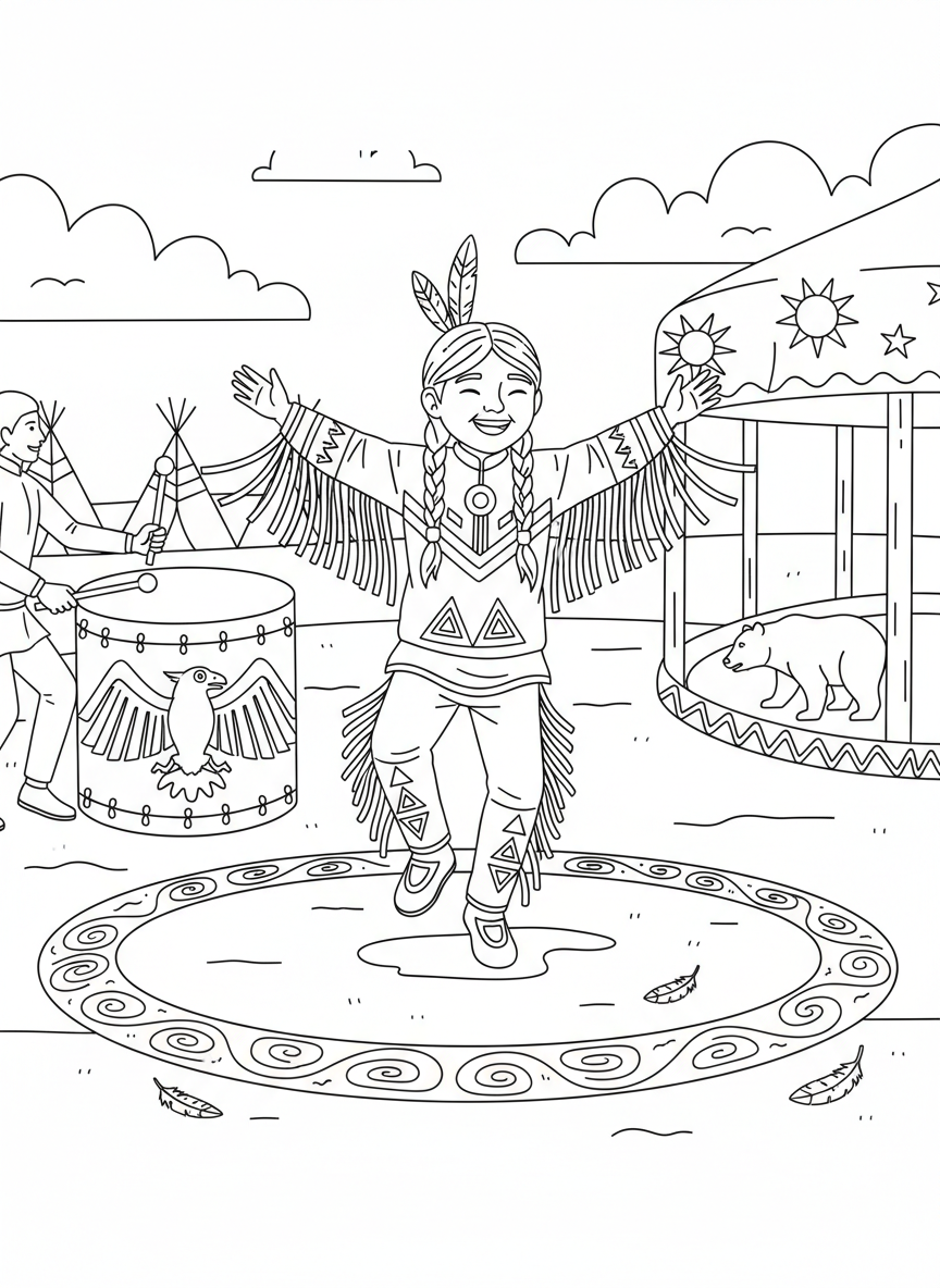 A smiling child in traditional ribbon shirt dancing at a powwow celebration, with decorative fringe and geometric patterns on clothing, simple line art for coloring
