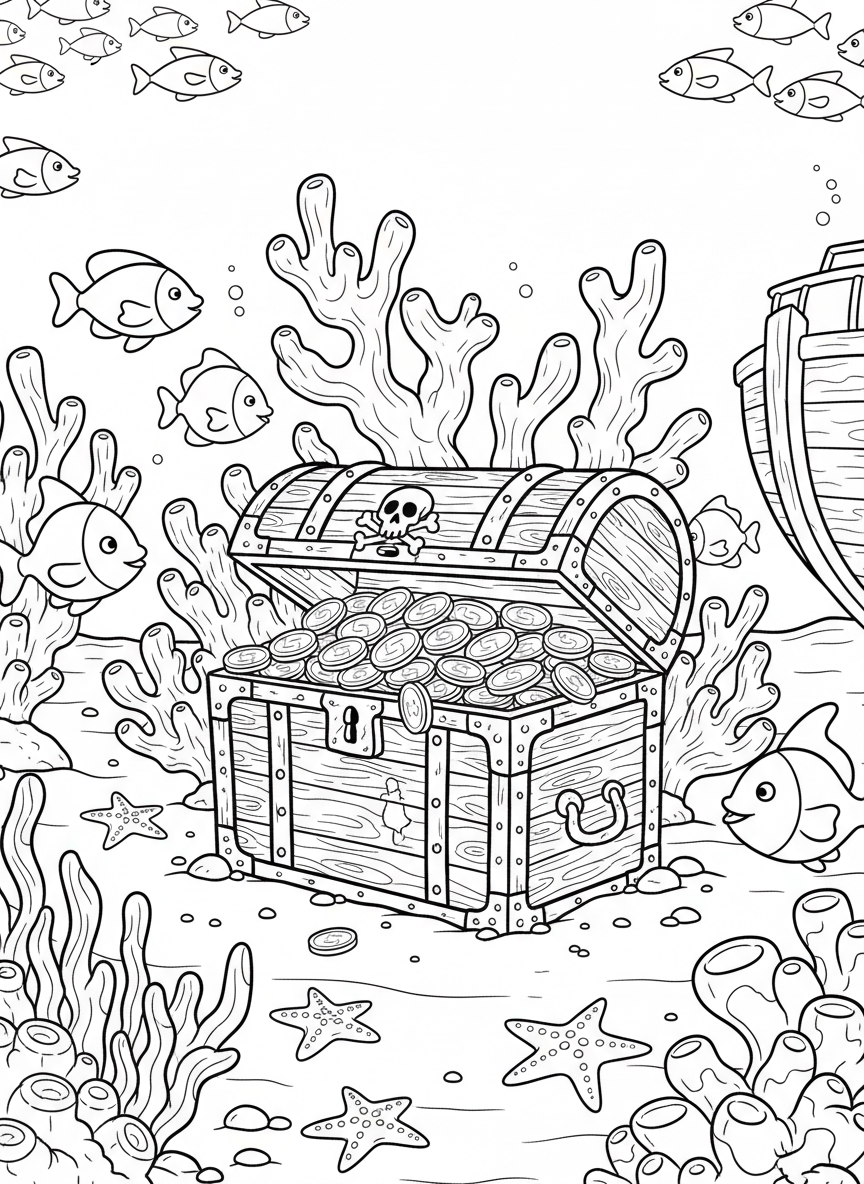 An underwater scene showing a sunken treasure chest surrounded by colorful fish, coral, and starfish on the ocean floor