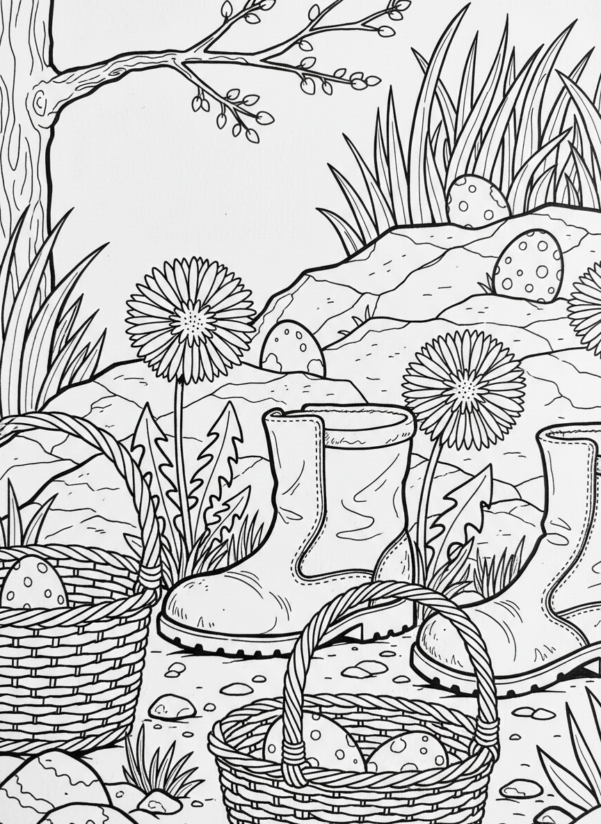 Children's boots and baskets at ground level with Easter eggs peeking out from behind rocks and dandelions.
