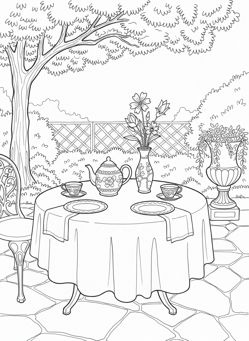 An elegant tea party table setting from above, showing plates, napkins, teacups, a teapot, and a vase with flowers in the center.