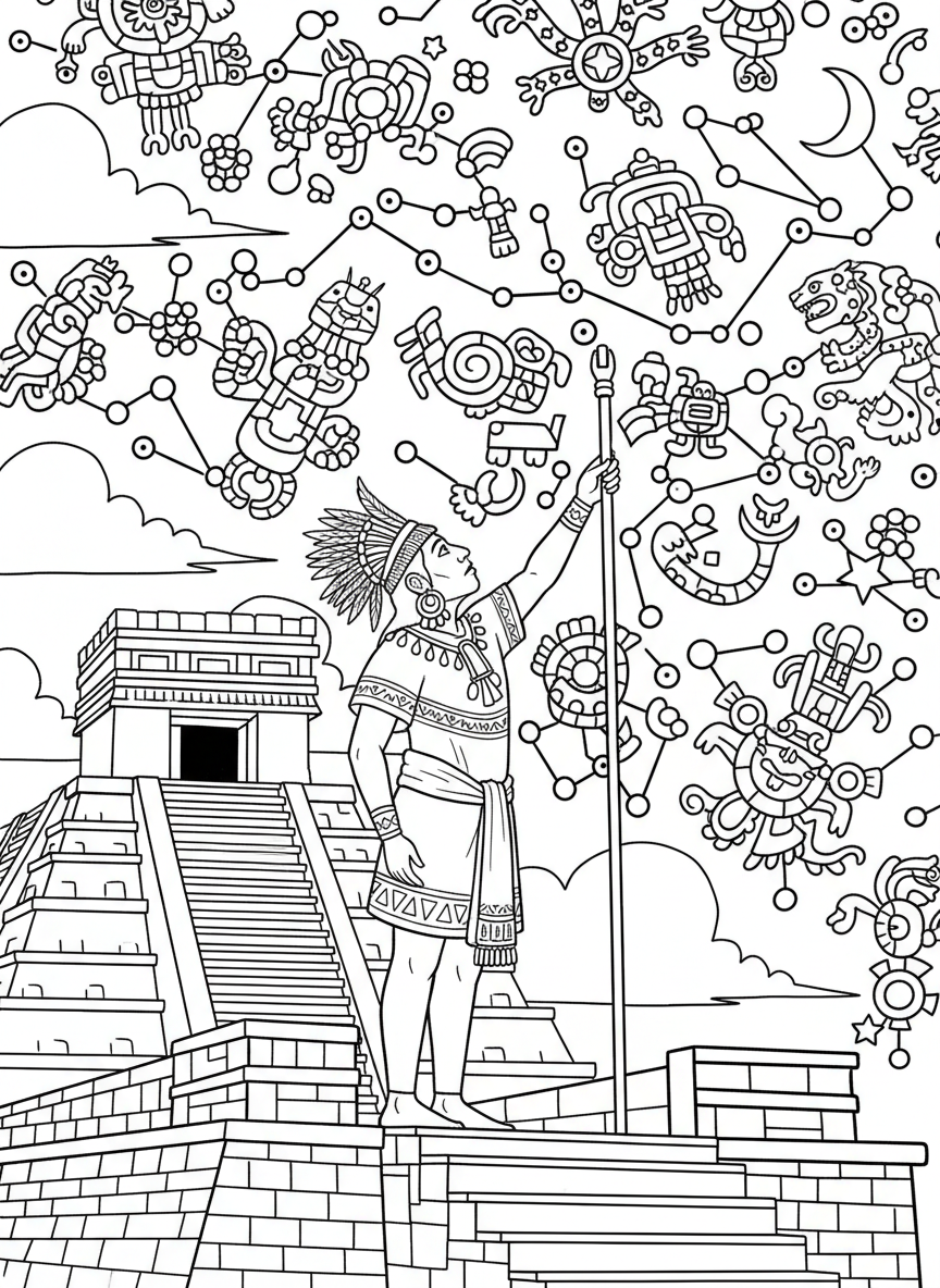 A Mayan astronomer looking up at the stars from an observatory platform, with constellation patterns visible in the night sky above.