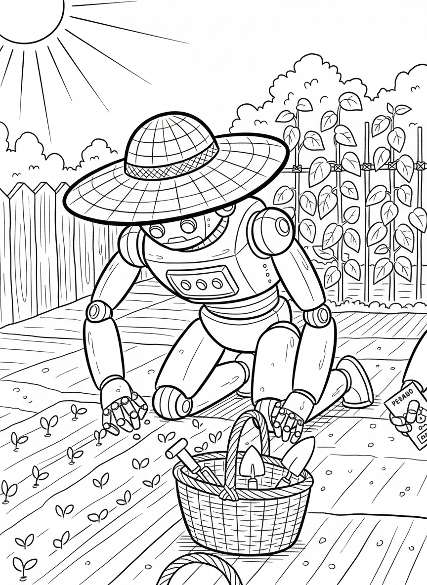 A robot gardener planting seeds in neat rows in a vegetable garden, with a sun hat and basket of gardening supplies.