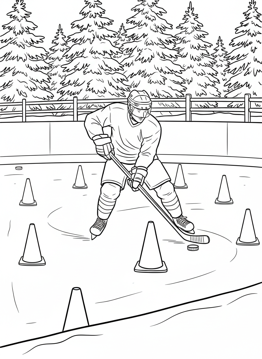 A hockey player practicing stick handling around cones, training drill scene with clear outlines