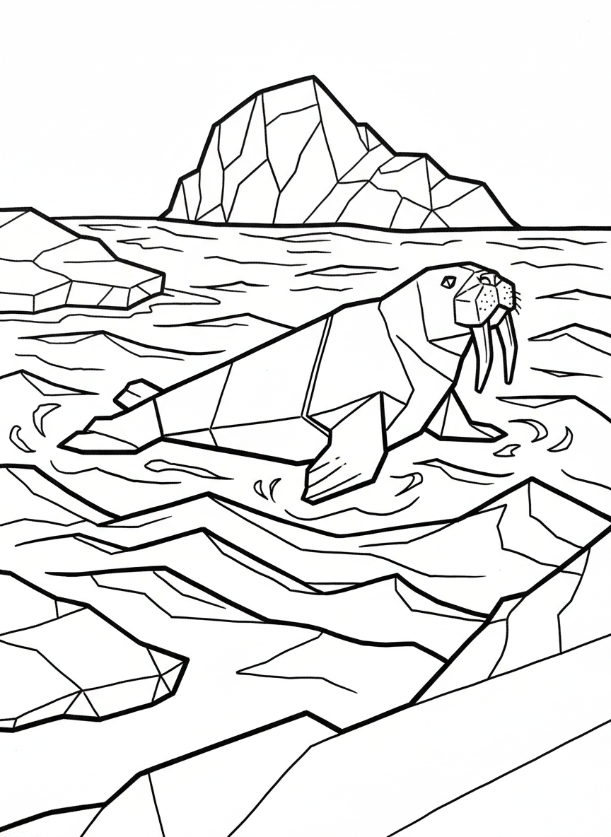 An origami walrus swimming with flippers extended, streamlined geometric body showing movement through water with angular wave shapes below