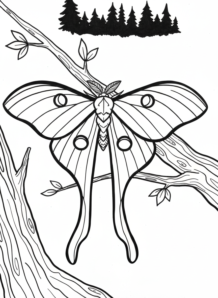 An origami luna moth with long elegant tail wings, crescent moon shapes on wings, resting on a tree branch