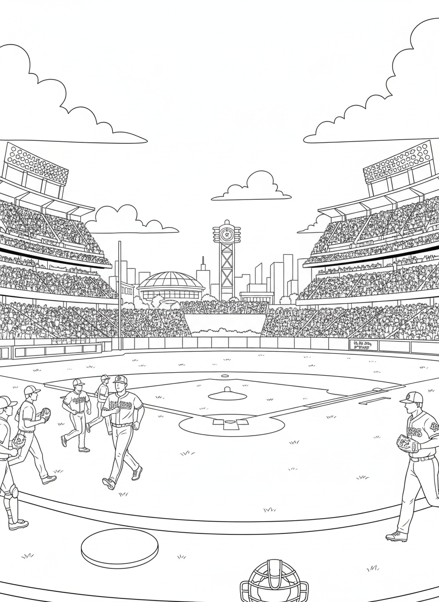 MLB All Star Game coloring page prompts highlighting summer baseball, star players, iconic ballparks, and celebratory league traditions.	A sunlit baseball stadium hosting the MLB All Star Game, fans wearing jerseys from every team as players jog onto the field beneath clear summer skies.