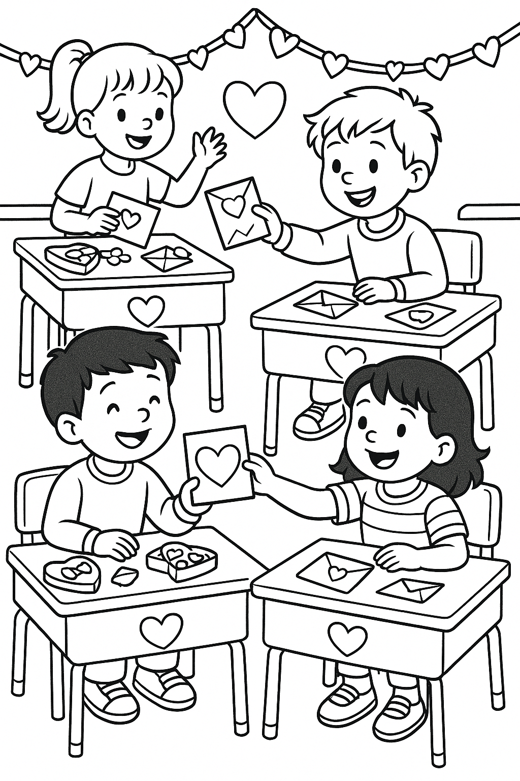 Children in a classroom exchanging Valentine’s Day cards, desks decorated with hearts, candy boxes and envelopes, happy expressions and playful excitement, wholesome school celebration scene
