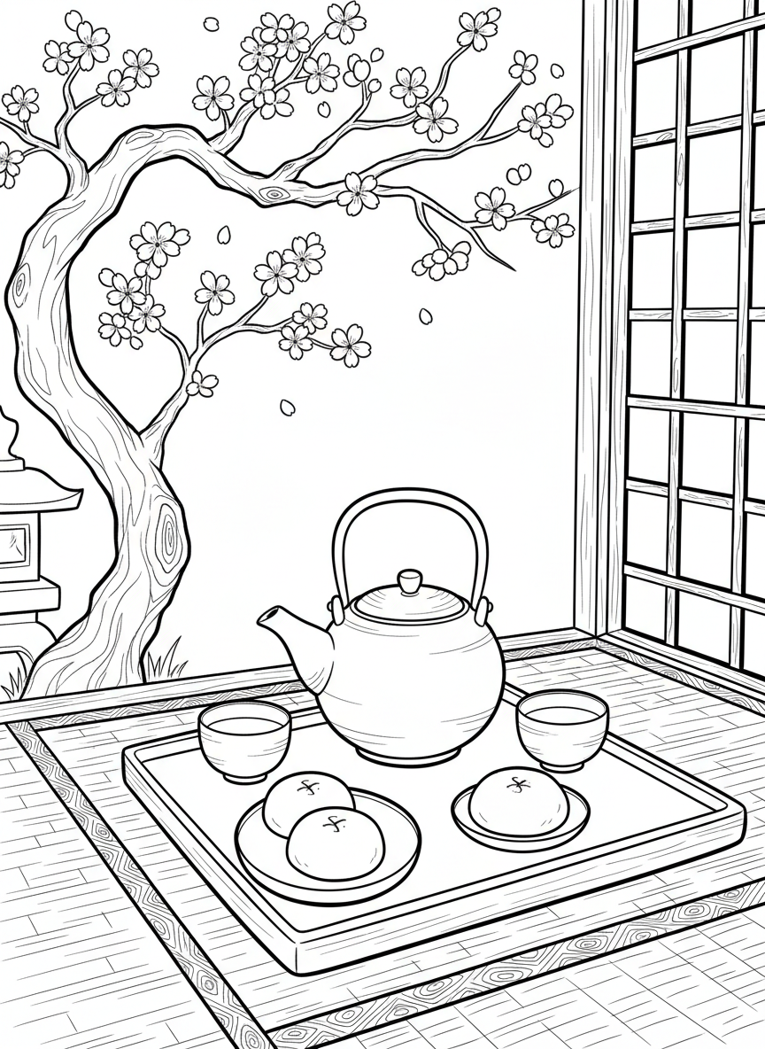 A traditional Japanese tea set with a teapot, cups, and mochi desserts on a tray