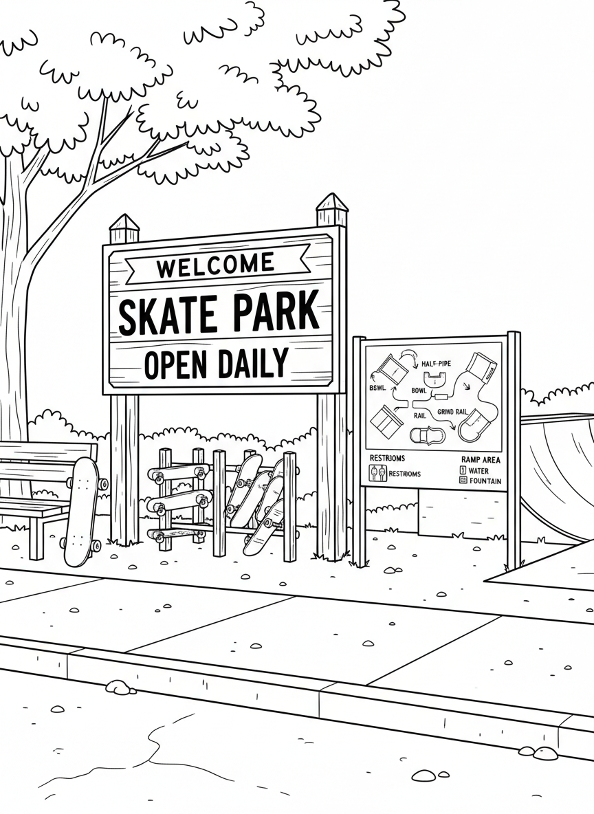 A skate park entrance with a welcome sign, skateboard racks, and a map of the park features, inviting scene.