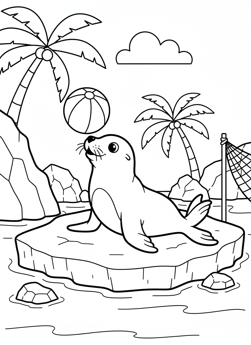 A playful seal pup balancing a beach ball on its nose while sitting on a flat rock, simple line art with clear outlines.