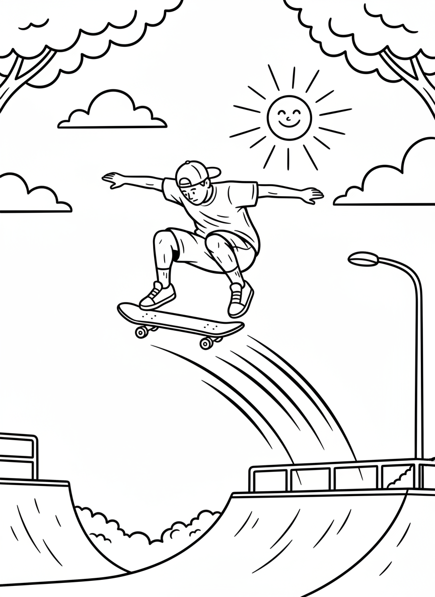 A young skateboarder performing an ollie jump in mid-air, with motion lines showing movement, simple background with clouds and sun.