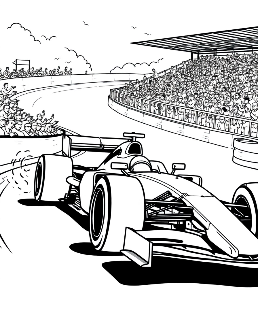 A Formula 1 car speeding through a sharp hairpin turn, tire smoke rising, grandstands full of cheering fans