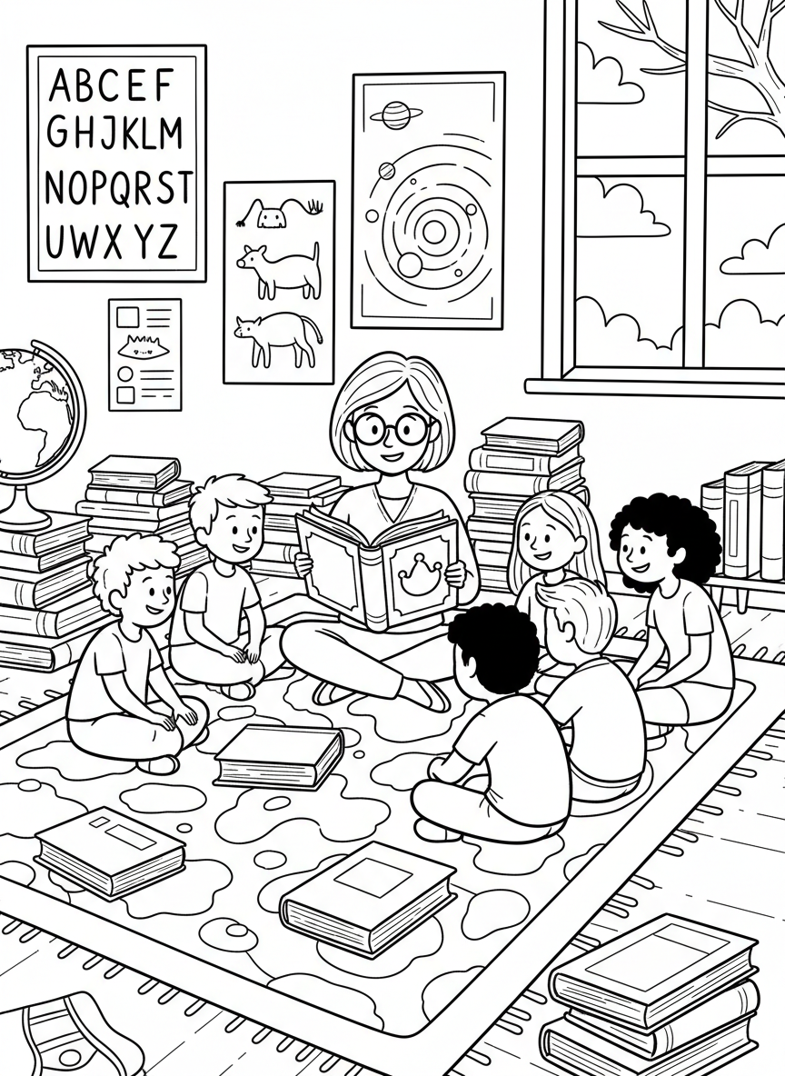 A classroom scene where a teacher reads to students sitting together on a colorful rug surrounded by books and learning posters.